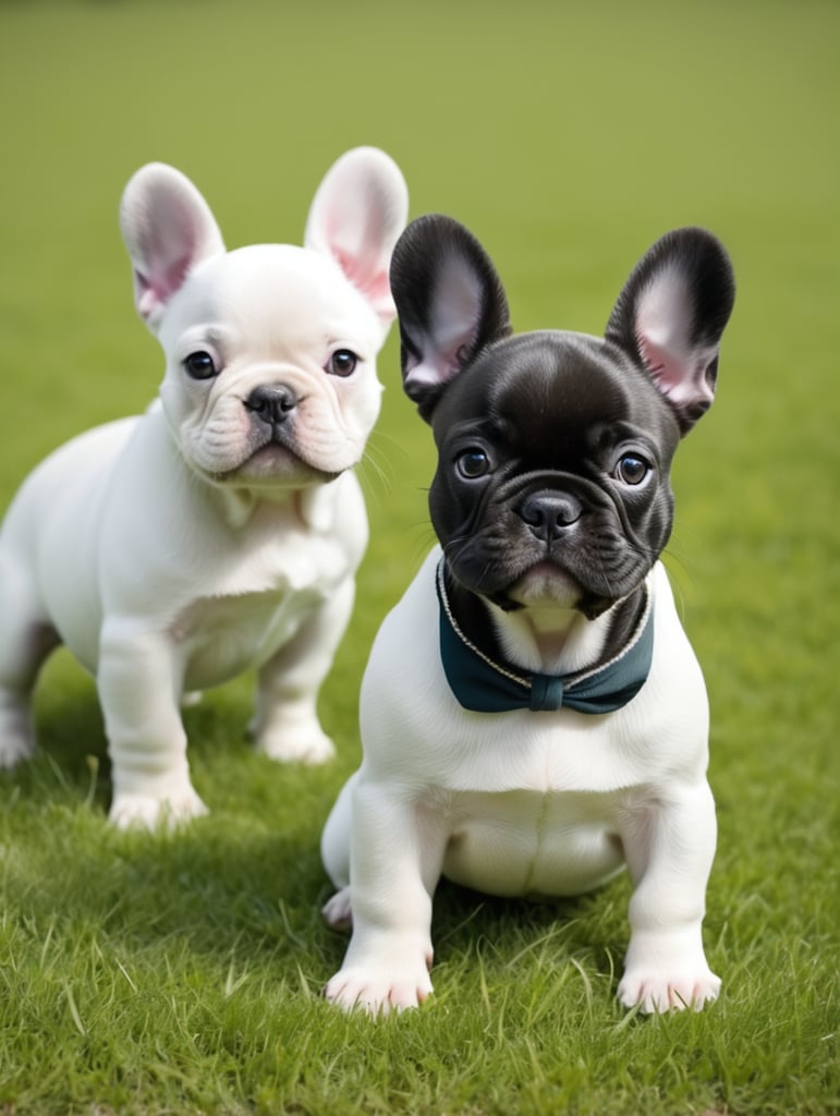 Cute French bulldog puppies in different colours and with tails playing in grass