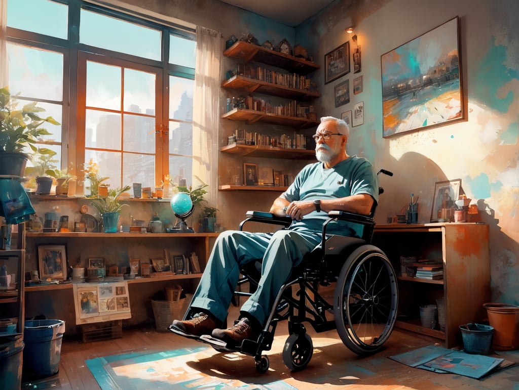 In a softly lit, cozy living room, a man sits in his wheelchair, a look of determination on his face. His wife stands beside him, her hand on his shoulder, radiating unwavering support and love. On the wall, a shelf holds numerous medals and awards, a testament to his strength.