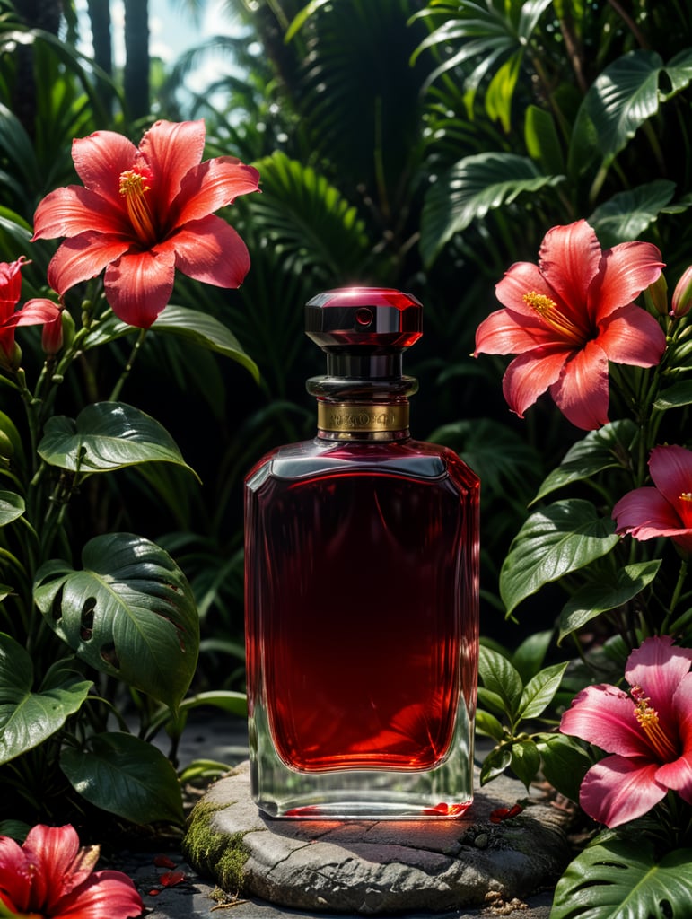 an ad shot of a plain perfume red bottle in a tropical setting with lots of flowers in a summer setting, professionally color graded, award-winning image