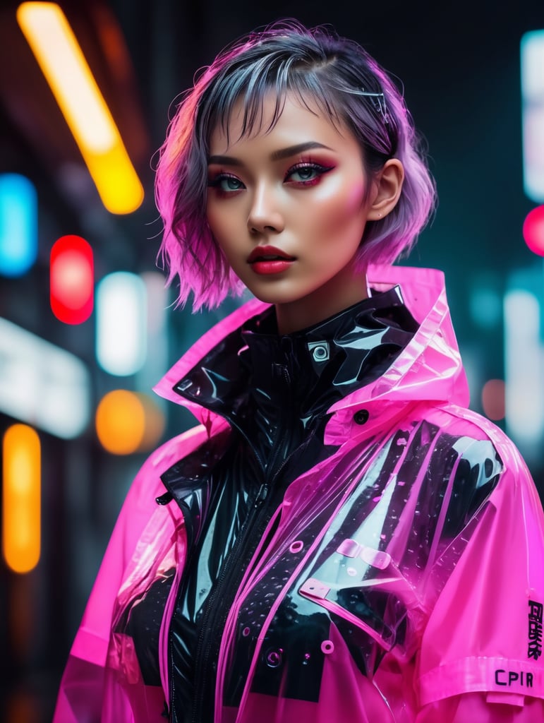 Cyborg girl wearing transparent raincoat, cyborg parts, rainy dark and neon tokio photo shoot, cyberpunk style, bright colours, high contrast, contrast lights