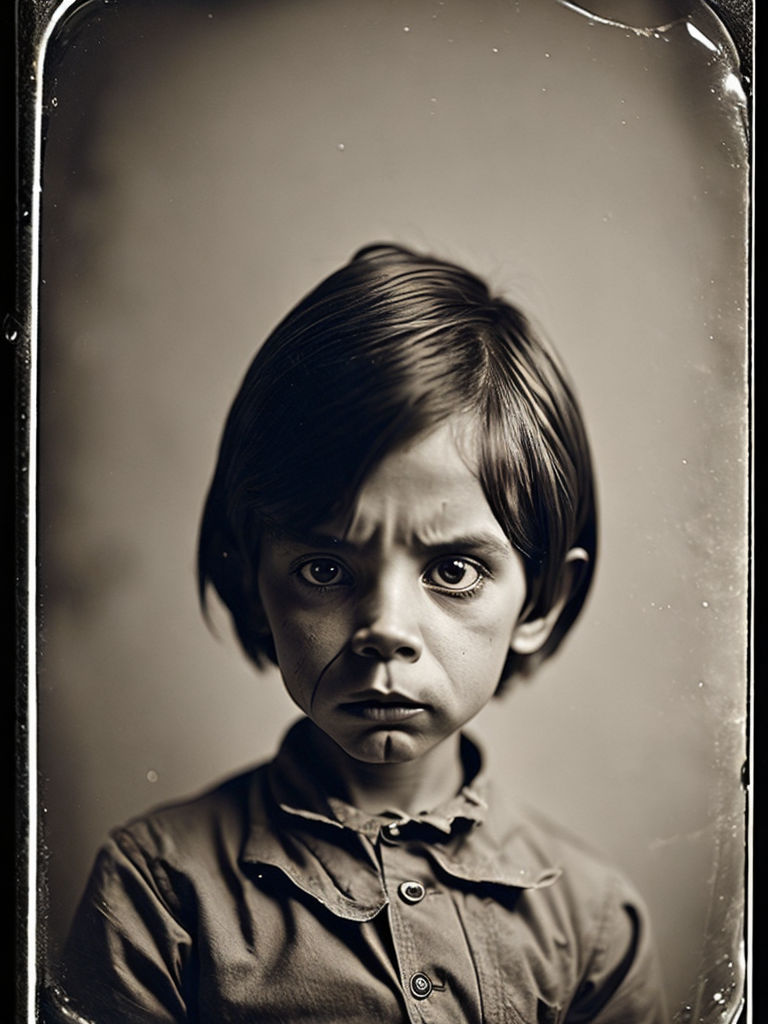 a wet plate photograph of a scary Pinocchio with dark bob haircut, neutral emotions on his face