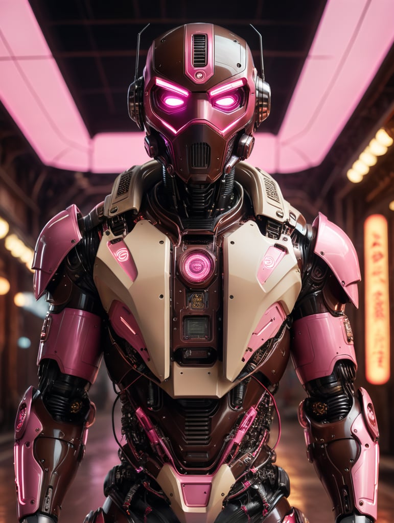 full body in front of a camera. A dark brown and pink robot in a googled mask in a beige jacket and baseball cap with neon lights, octane render, polished craftsmanship. scifi, wires, electric sparks, cyberpunk.