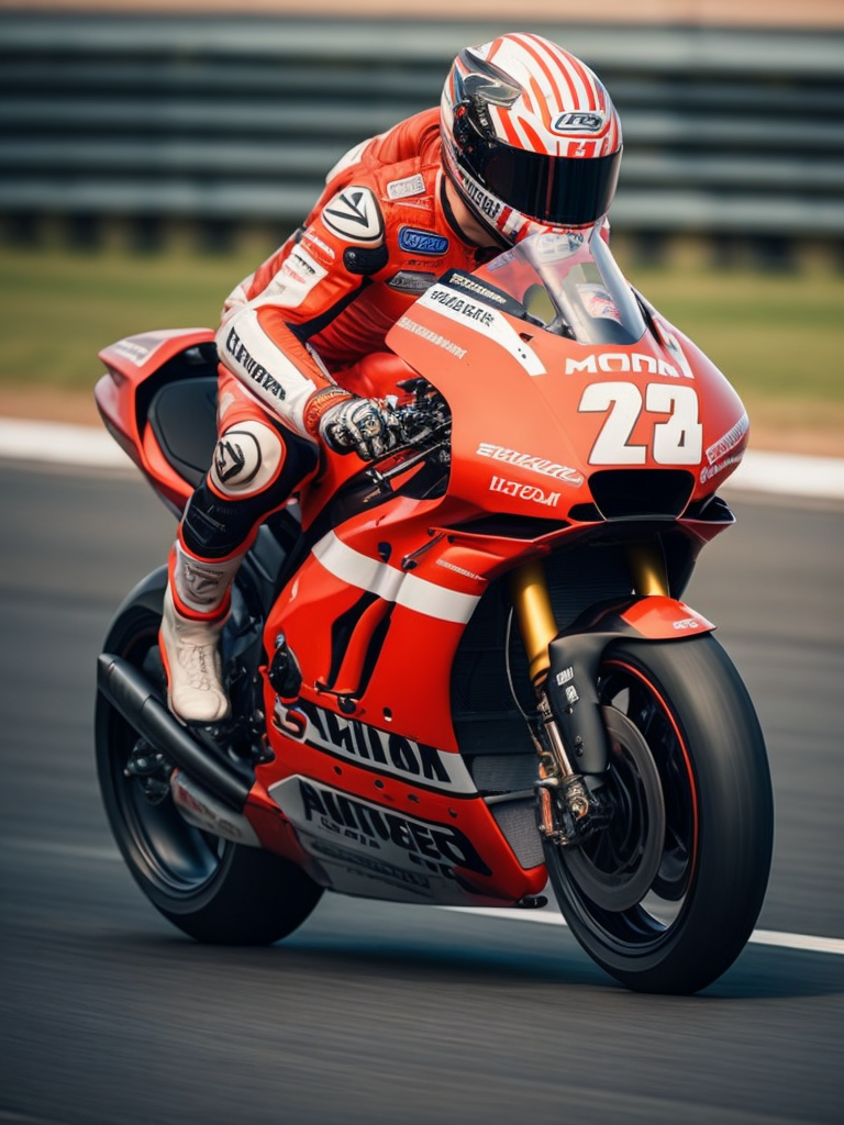 motogp racer on a bike, red colors, on the background of the race track