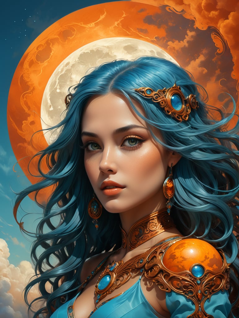 1️⃣ a poster with a woman in the foreground and a moon, in the style of dan mumford, light blue and amber, alexandr averin, gray and bronze, richly colored, close-up, dark orange and azure --ar 2:3 2️⃣ the artwork shows a woman with long hair, in the middle of the moon, in the style of light teal and dark orange, richly detailed art nouveau, sky-blue and amber, limited color palette, bold palette, cinematic atmosphere, emphasis on character design --ar 2:3 3️⃣ the moon over the girl with blue hair and a blue sky, in the style of dark orange and bronze, intricate art nouveau, light teal and dark amber, rich and immersive, swirling vortexes, grandiose color schemes --ar 2:3 4️⃣ an attractive image of a woman in flowing hair with an orange background, in the style of dan mumford, dark gray and azure, richly colored skies, imaginative characters, poster art, stone, light azure and dark amber --ar 2:3