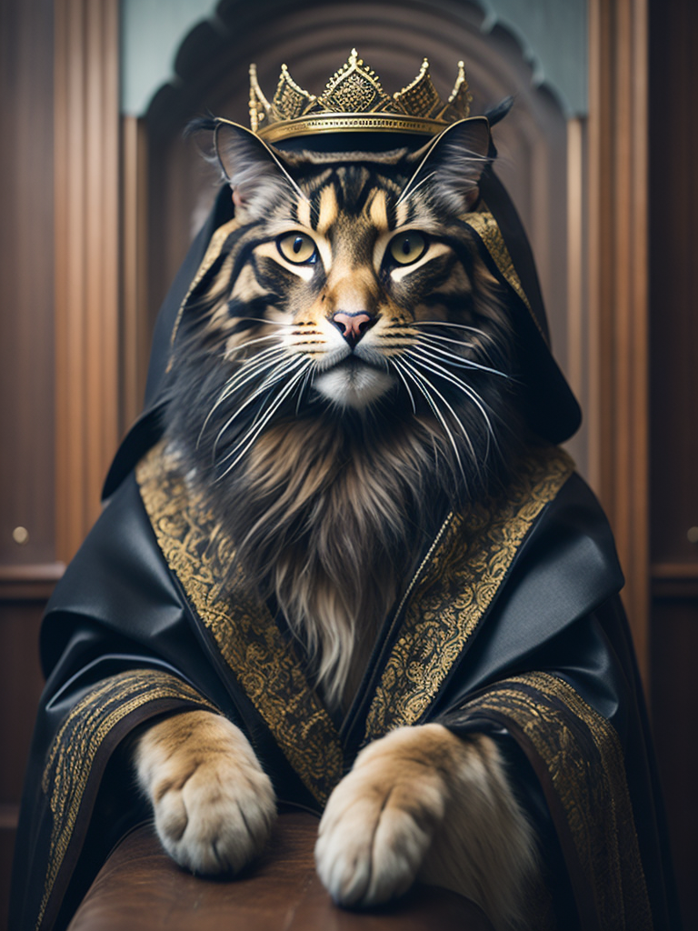 mainecoon cat with arabic fashion black cloak and gold crown in the Renaissance ottoman throne kingdom photo realistic illustration fashion islamic fashion fantasy hyperdetailed