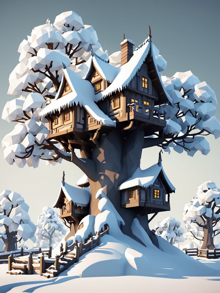 Dwarves' house on a branching tree, a lot of snow, low poly style