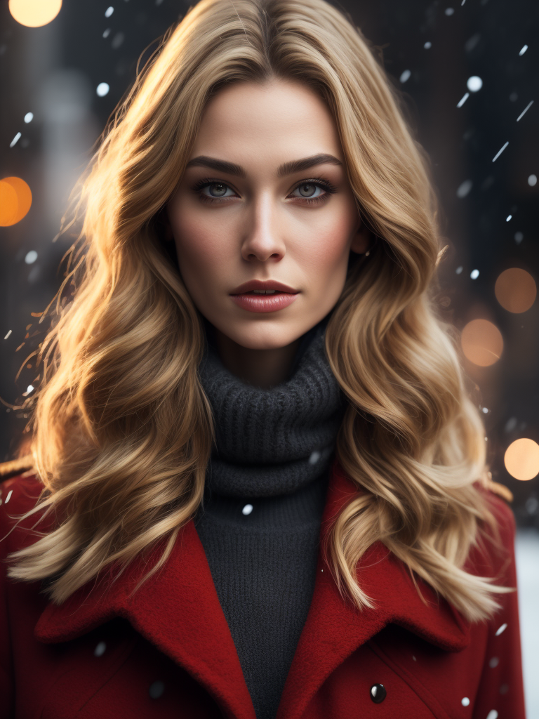 professional portrait photograph of a gorgeous Norwegian girl in winter clothing with long wavy blonde hair, sultry flirty look, freckles, gorgeous symmetrical face, cute natural makeup, wearing elegant warm winter fashion clothing, standing outside in snowy city street