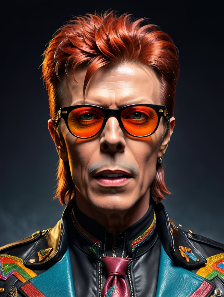 david bowie wearing a leather black jacket and wayfarer glasses, Vivid saturated colors, Contrast color