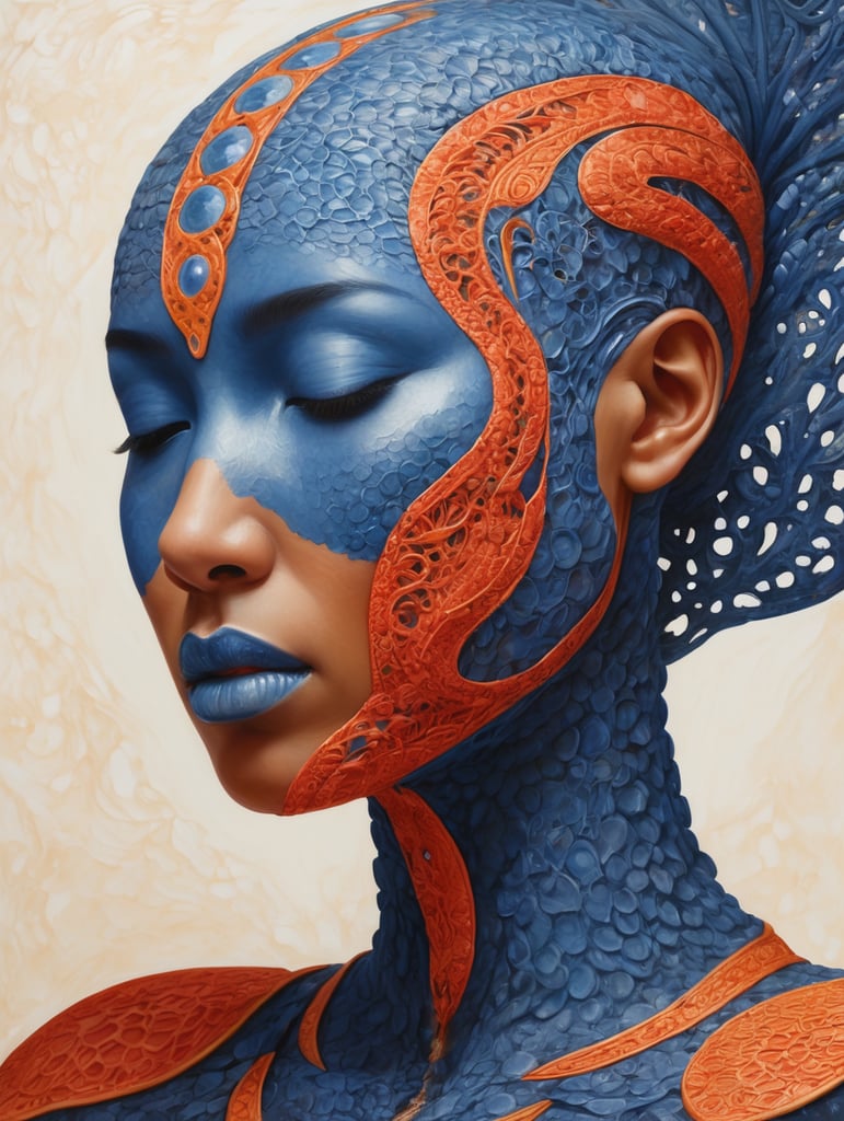An intricate painting of a figure with blue, scale-like skin textures and closed eyes, giving a serene expression. The head and shoulders should merge into an organic, coral-like structure with lace-like patterns of empty spaces in warm hues of orange, red, and yellow, providing a stark contrast to the blue skin. Emulate the detailed patterns of cellular or porous natural materials with varied hole sizes and interconnecting strands.