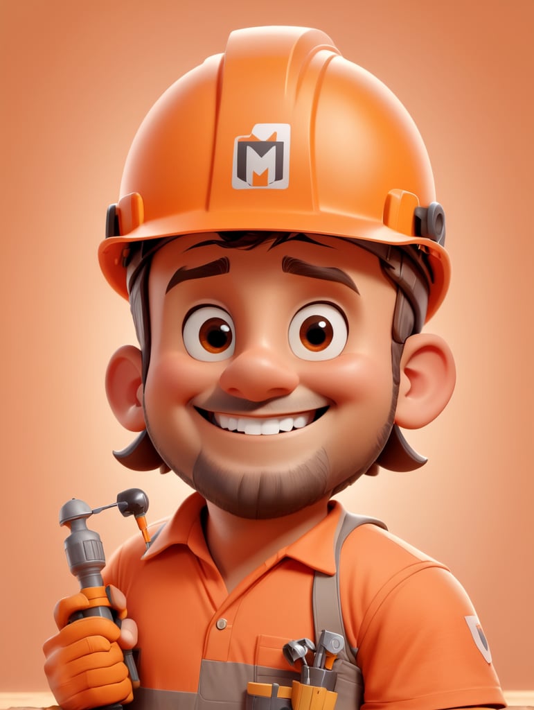 happy worker using construction helmet, on orange tshirt, with a screwdriver on his hand, smiling, brown eyes