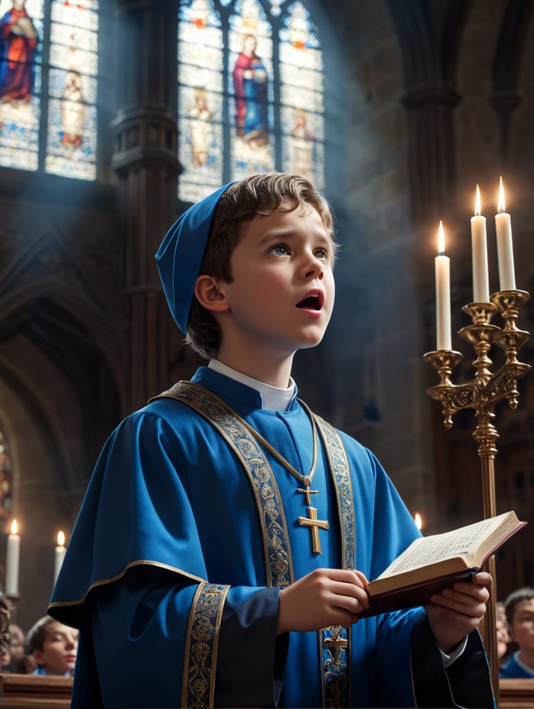 A young chorister singing in church wearing a blue cassock