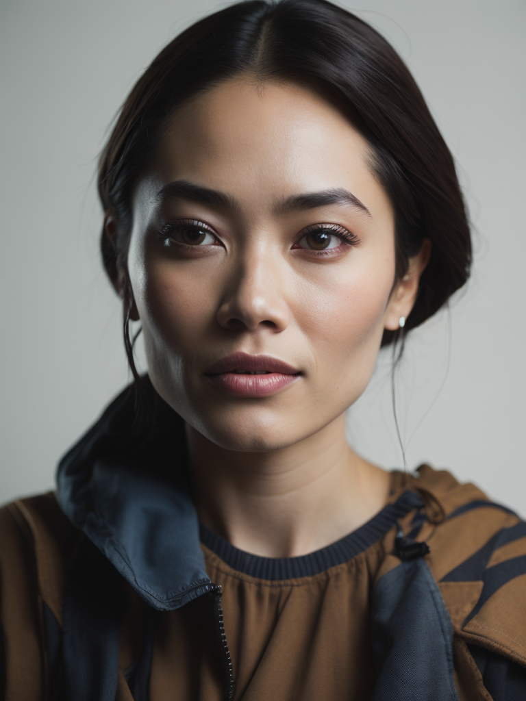 A portrait of a female Filipino creative professional in a studio with white background, midshot, stock photo style