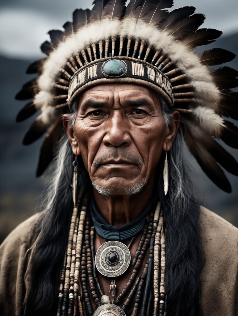 portrait, old western Native American Shaman, national clothing, dark scene, dark atmosphere, epic shot, sharp on details