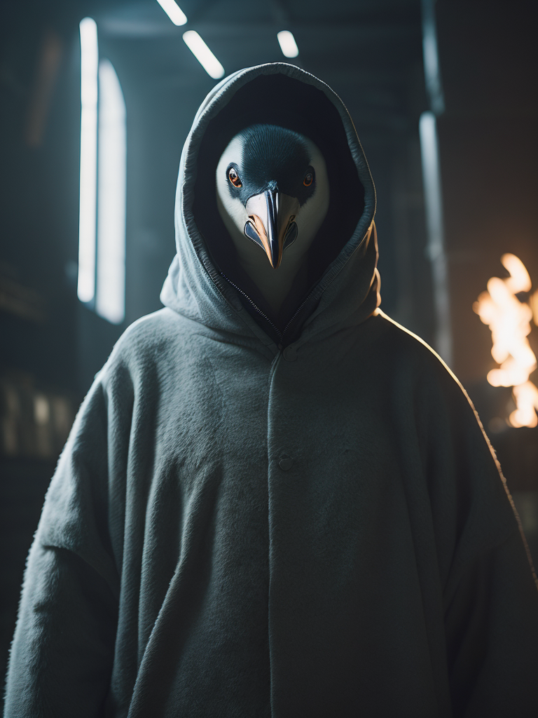 Image of an emperor penguin wearing a welding hood beer in a steel mill