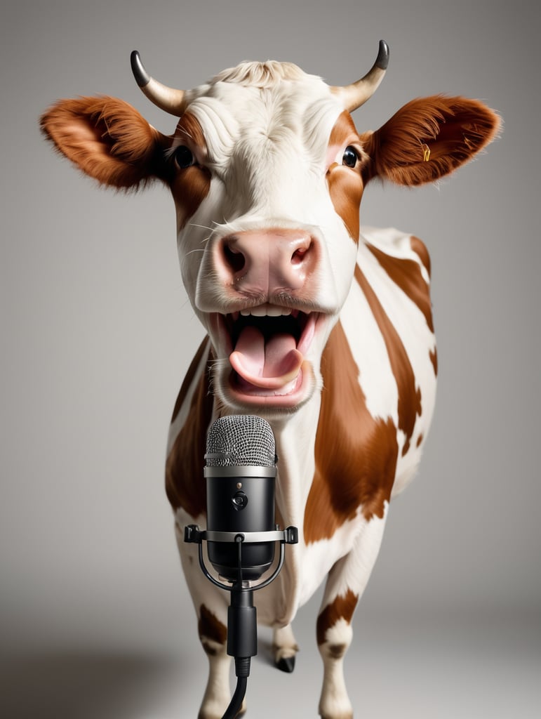 lose-up portraits, laughing hysterical cow with a recording microphone, simple background, clear focus, studio photography, by Leibovitz