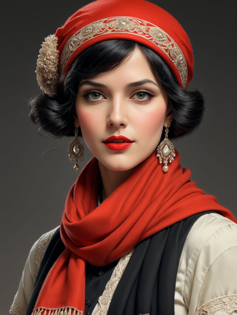 ulher arafed em um Chapéu vermelho e lenço em uma Capa de revisão piCtóriCa, Cor vistosa dos anos 1920, 1 9 2 0 s anúnCio, 1 9 2 0 s Cabelo de pano, J C LeyendeCker 8 K, j. C. LeyendeCker 8 K, j. C. LeyendeCker. Cabelos pretos