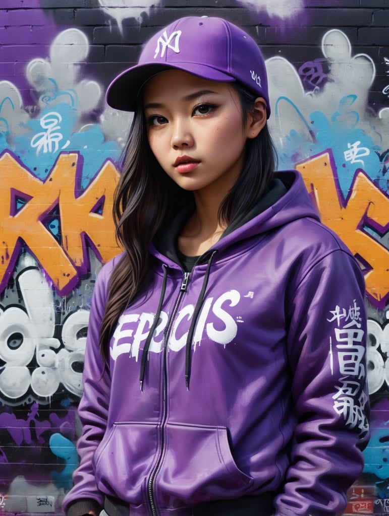 1girl, asian, thai in a jacket and hat standing in front of a graffiti wall, in a purple hoodie, graffiti in the background