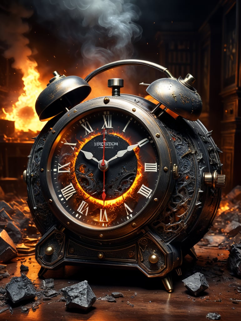 a hand squeezing an alarm clock to the point of breaking it