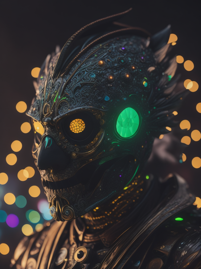Imagine creature, his face covered with big mask. The image should be in the style of Tim Walker, with an experimental and trippy perspective. The man should be surrounded by bold and vibrant shapes in neon colors. The scene should be shot with a Sony A7R III and a Sigma 35mm f 1.4 ART lens and rendered in photorealistic 8k ultra crispy HD cinematography. The mood should be mesmerizing and the atmosphere should be hypermaximalist, with insane and intricate details. The lighting should be volumetric, moody, and studio-style, using cinematic color grading and post-processing techniques like screen space and ray tracing reflections. The background must be a solid color.