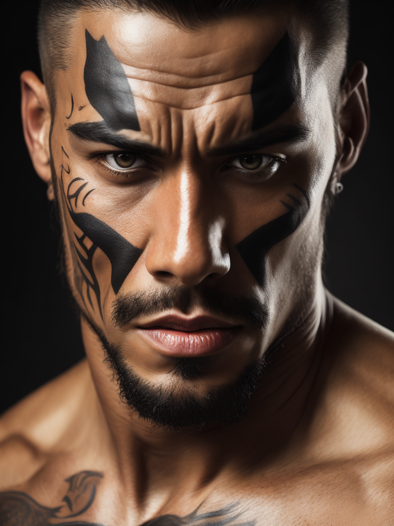 Portrait of a powerful muscular New Zealand native man with a formidable face, face tattoos, contrast color, studio photo, professional photo, rich colors, detailed image