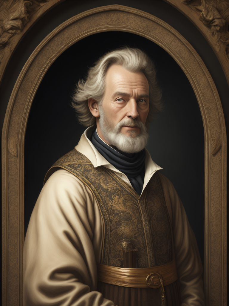 Portrait of a scientist in the 1400s, Afanasy Nikitin, fair-haired curly beard, blond hair, age 60, dressed in a painted caftan, holding a spyglass