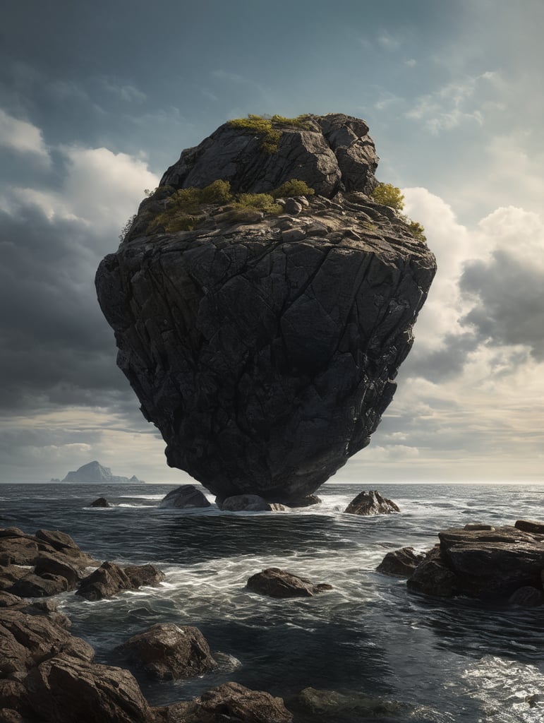 minimal, simple black rock hover above the water, just the horizon on the background