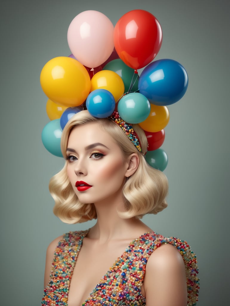 female blonde, fun, multicoloured vintage, balloon headpiece, elegant, with depth of field, minimalist