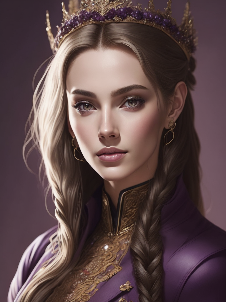 Portrait of a young queen with long wine color braided hair, royal guard purple outfit, elegant, highly detailed, digital painting, artstation, concept art, smooth, illustration, oval face, art by helena nikulina