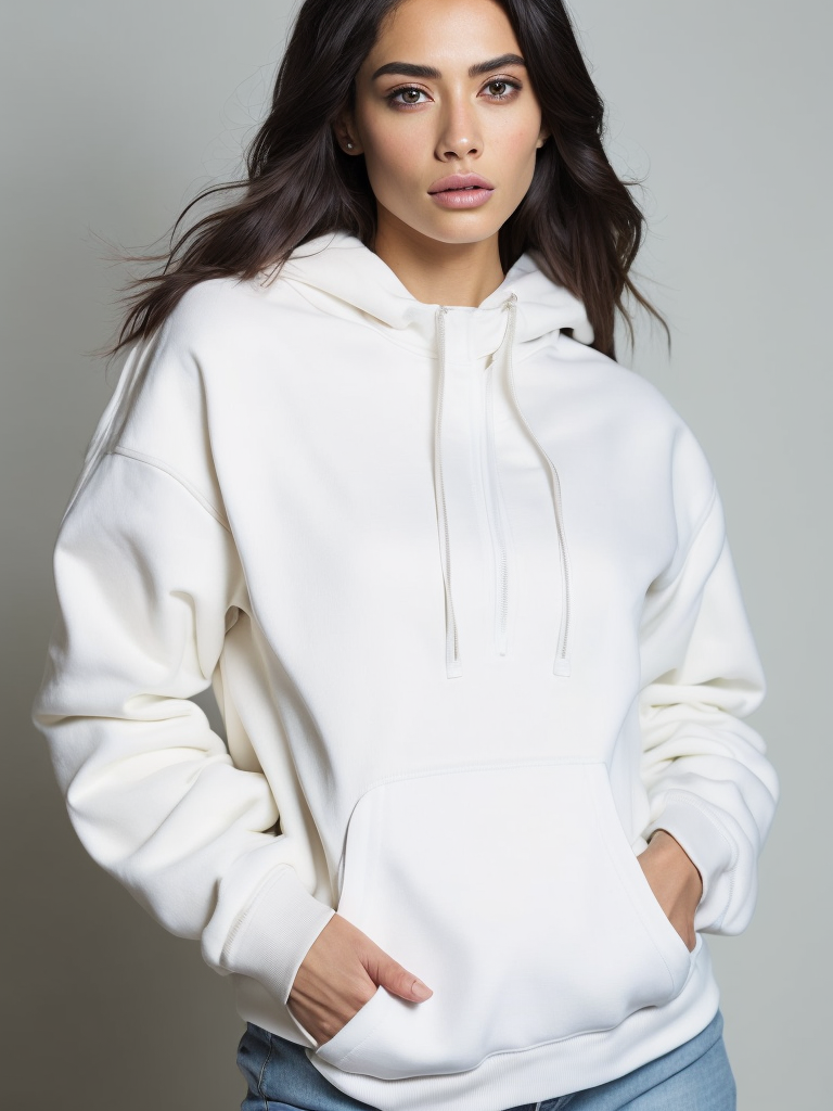 a Latina women wearing white hoodie, grey background