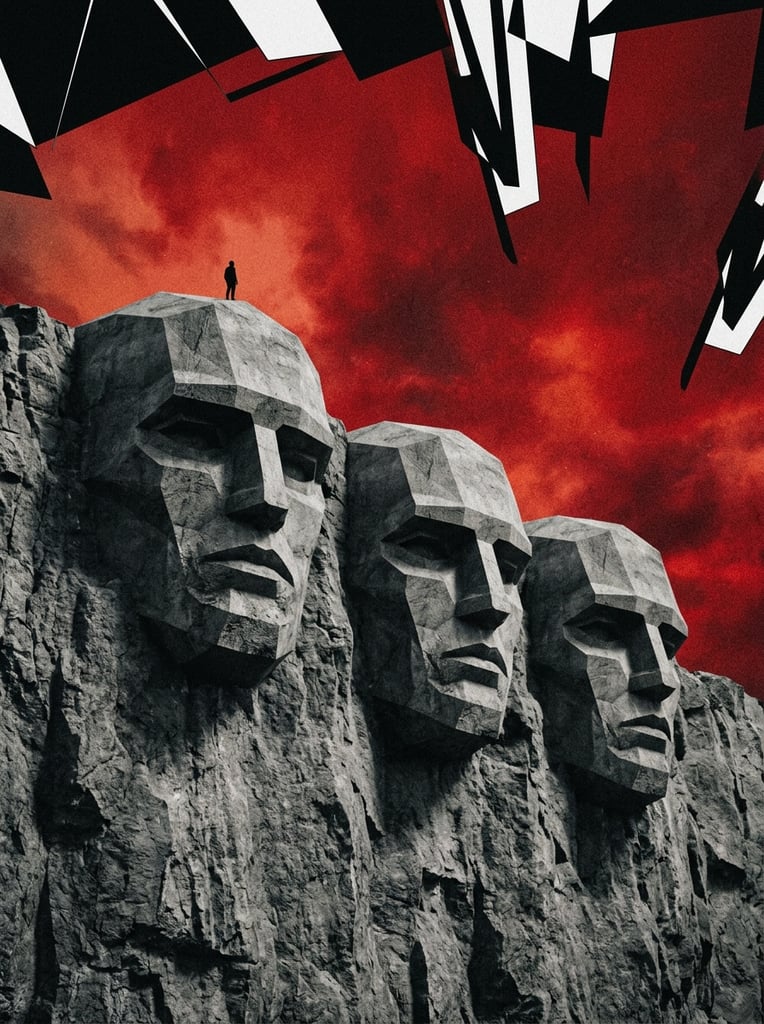 Three colossal, geometric, low-poly humanoid masks carved into a monolithic gray cliff. Rendered in a gritty, constructivist style, the monuments feature stark, angular planes and heavy T-shaped brows. A tiny silhouetted figure stands atop the leftmost head, emphasizing the massive scale. The background is a stark, textured crimson sky framed by jagged black and white geometric shapes hanging from the top edge.