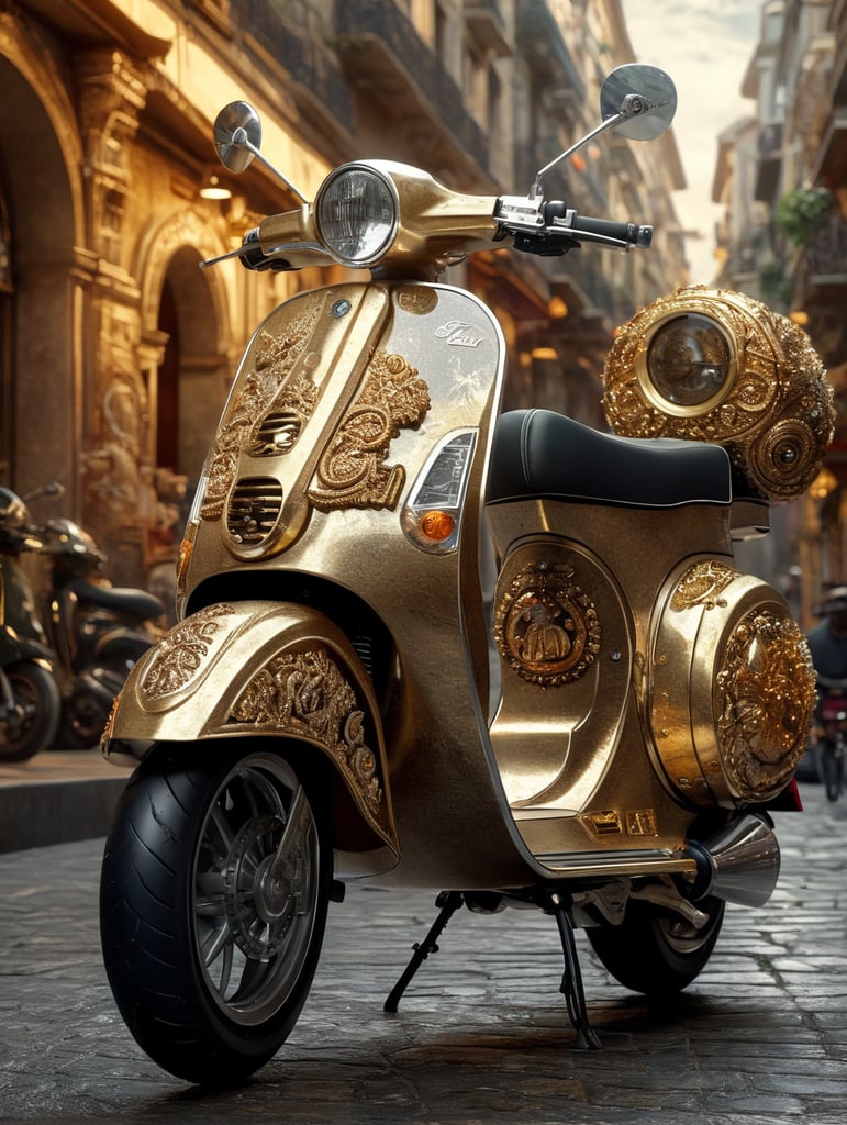 A stunning interpretation of Vespa extreme scooter, made of jellyfish, advertsiement, solarpunk, highly detailed and intricate, golden ratio, ivory color, hypermaximalist, ornate, luxury