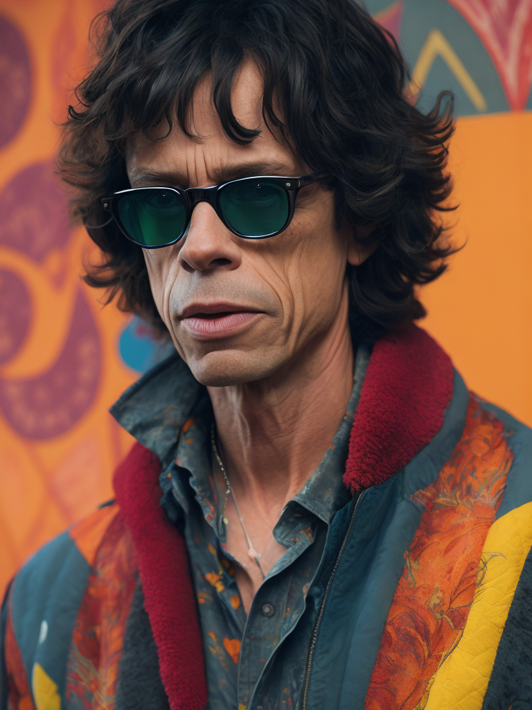 Mick Jagger wearing a brightly patterned jacket and wayfarer glasses, Vivid saturated colors, Contrast color
