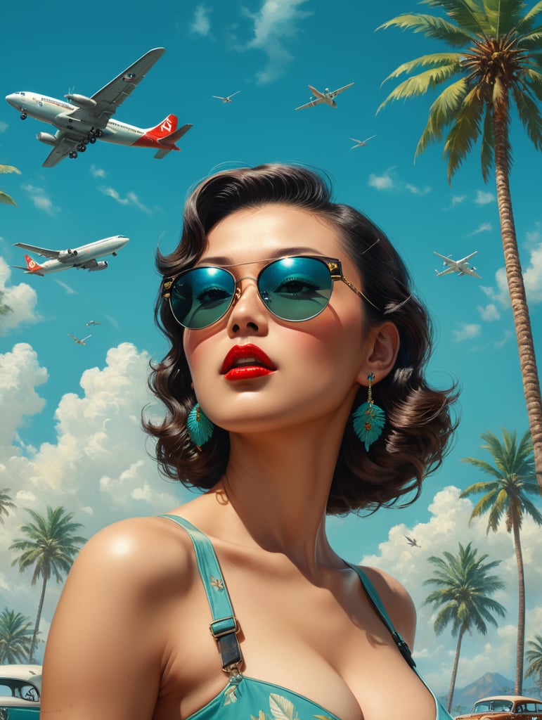 Pin up art, portrait, a old Japanese mafioso raised his head up, looks at the sky, sunglasses, one airplane flies in a clear sky and leaves a mark, summer, palms around, palms reflected on a sunglasses, turquoise shades, style by Gil Elvgren