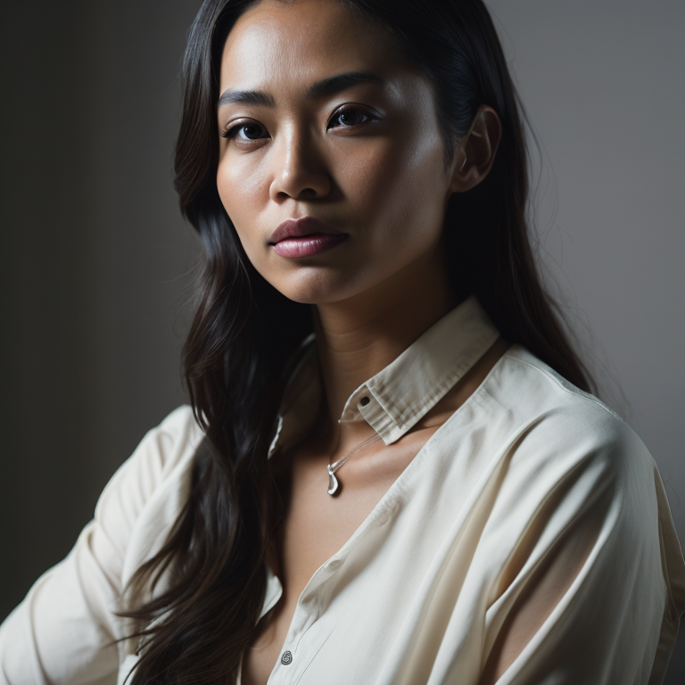 A portrait of a female Filipino creative professional in a studio with white background, midshot