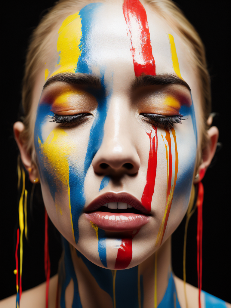 Portrait of a girl with a painted face and paint flowing from her face, closed eyes, black background