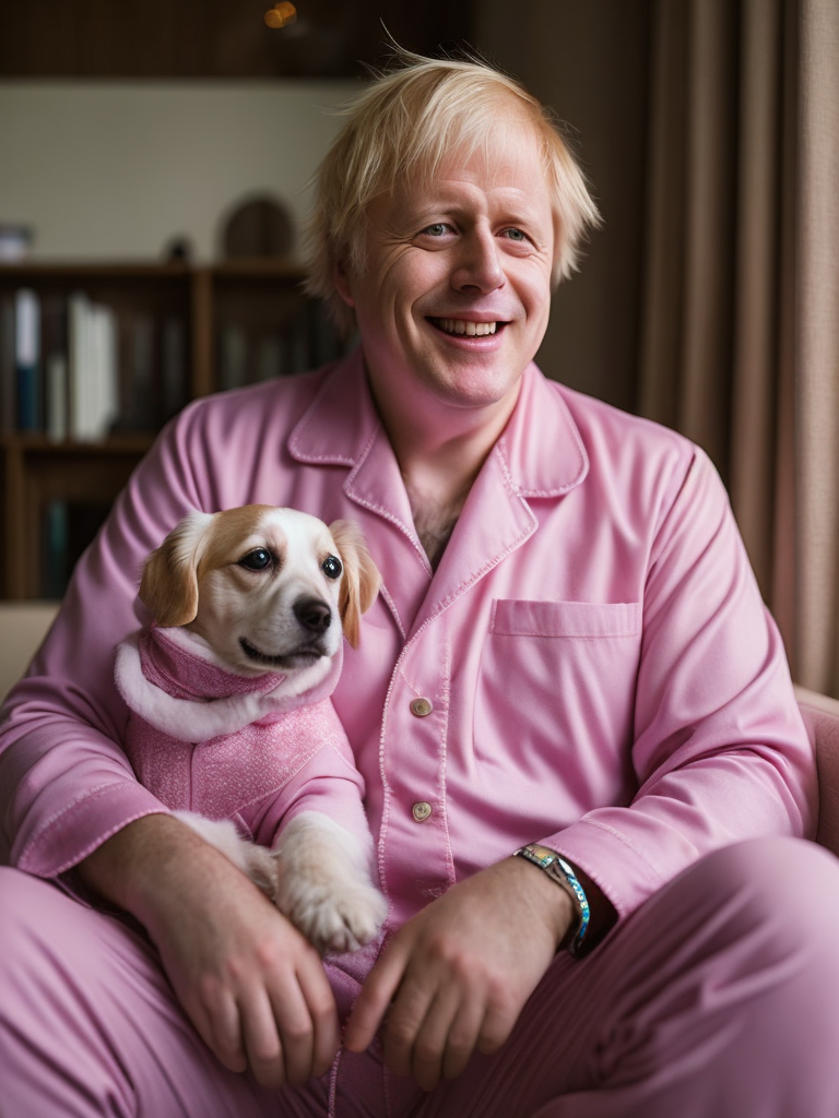 Boris Johnson in pink pajamas laughing, holding a cute little dog in his hands, bright and saturated colors, detailed portrait, realistic style