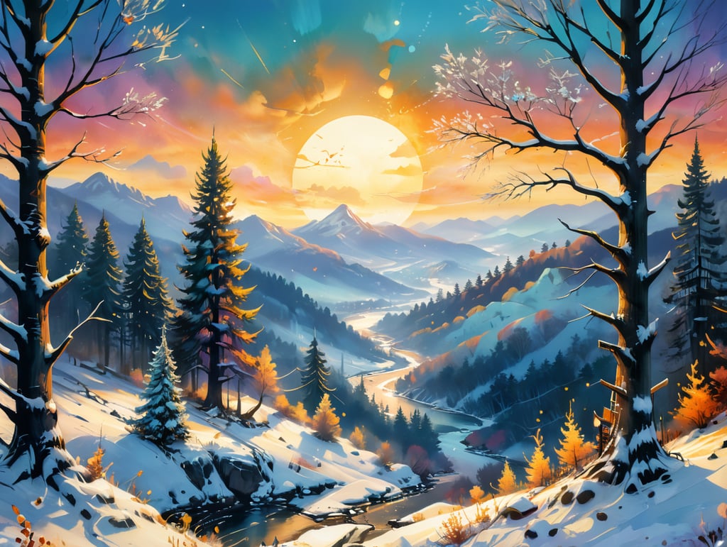 A breathtaking winter landscape with a snow-covered forest and distant rolling hills under a golden sunset, vibrant ornaments hanging delicately from snowy tree branches in the foreground, gentle bokeh lights sparkling in the background, creating a serene yet festive atmosphere. Intricate details in the frosted trees, shimmering snow reflecting soft light, and a tranquil winter wonderland ambiance with a warm holiday spirit. Ultra-high resolution, deep focus, captivating and vivid, inviting seasonal cheerfulness and peace.