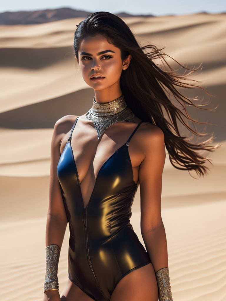 Portrait of Selena Gomez, chrome swimsuit, bright and saturated colors, elegant, highly detailed, vogue, fashion magazine, sharp focus, Depth of field, Incredibly high detailed, against the backdrop of sand dunes,