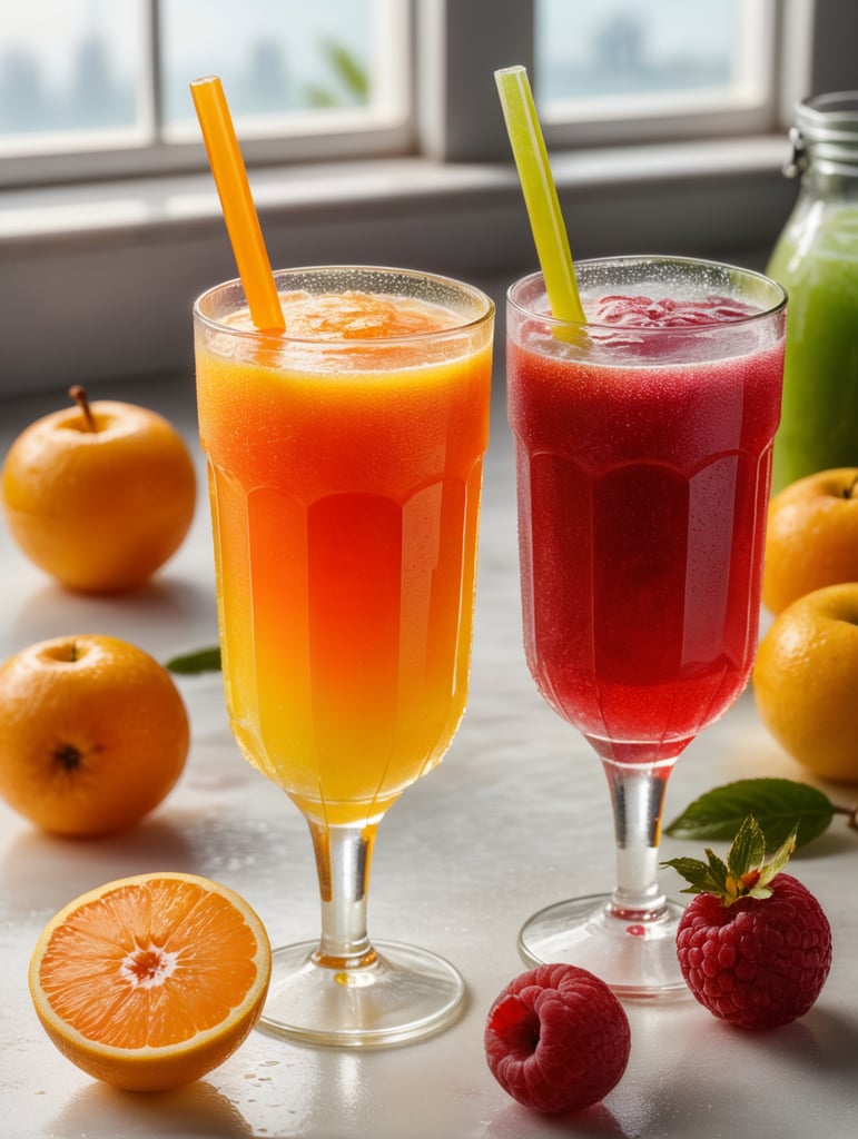 Translucent frozen juice stick on a stick, bright fluorescent color, Translucent frozen juice with small pieces of fruit frozen inside, a jelly-like substance, on a bright light background, professional shot, advertising shot, contrasting light, bright colors