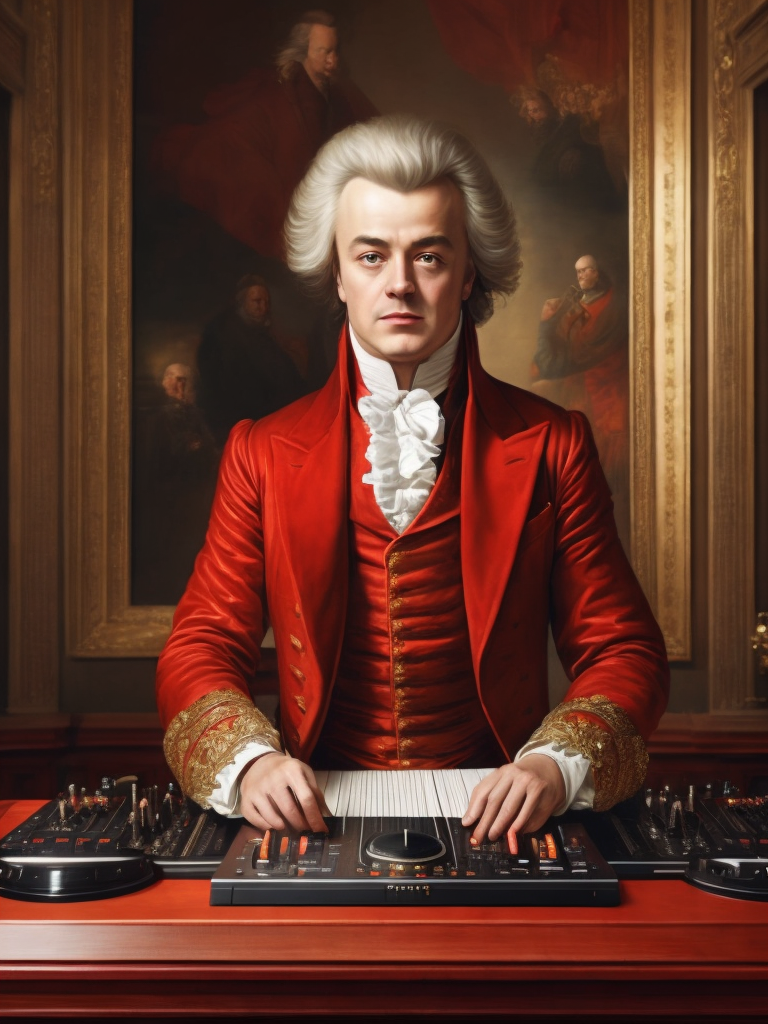 Wolfgang Amadeus Mozart in a 18th century red suit making music on a DJ table, Against the background of the interior of the palace full of guests, studio photo, professional photo, Bright and rich colors, Detailed image, detailed face,