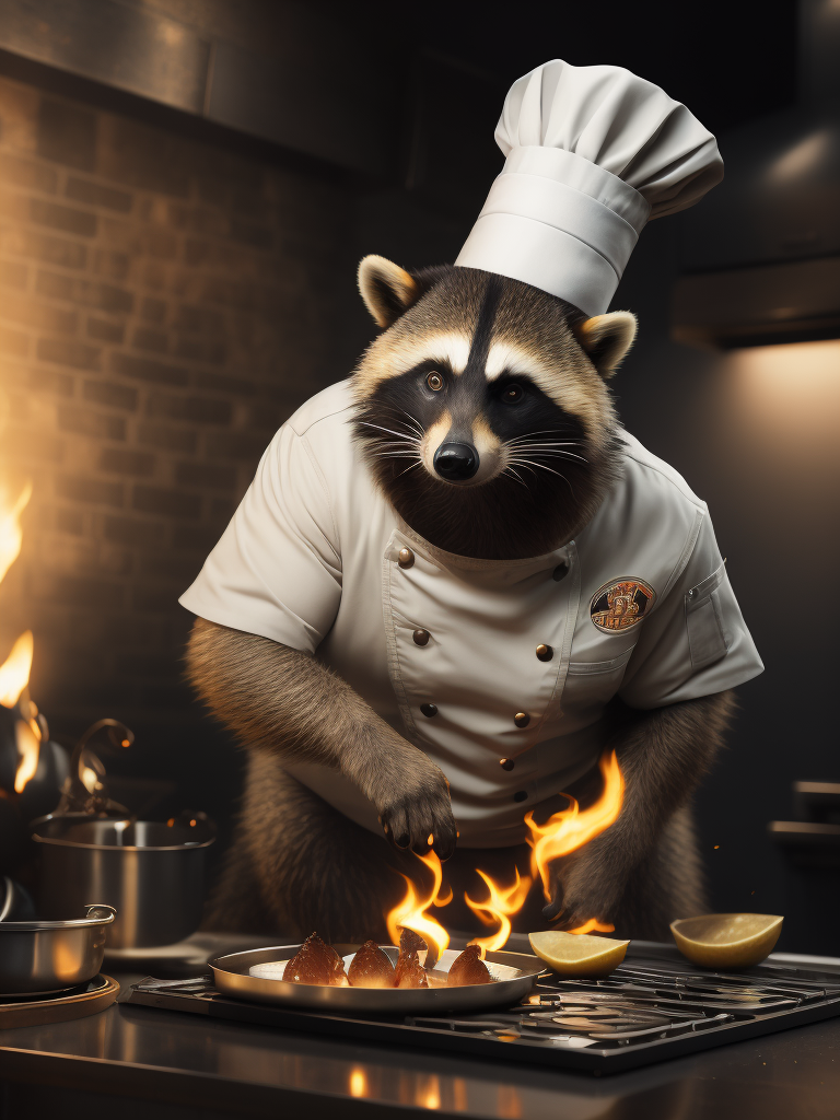 A chef racoon cooking scallops, wearing a chef hat, in a kitchen, professional