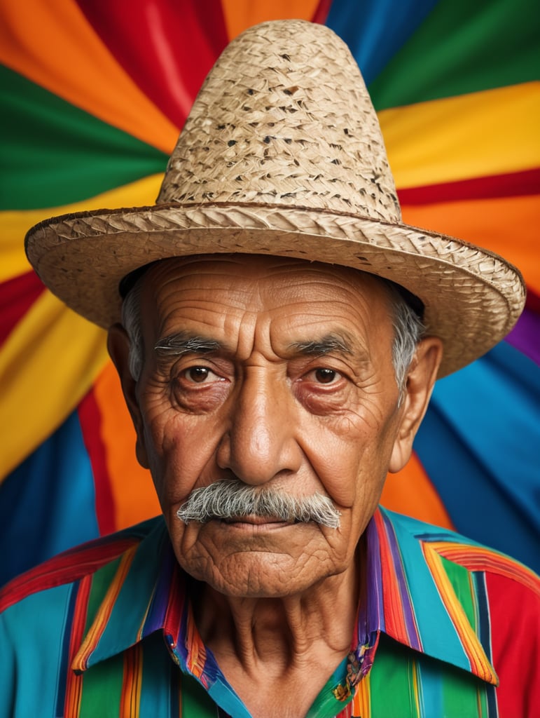 portrait wrinkled colorful mexican sambrero elderly multi colored shirt criminal evil face character study