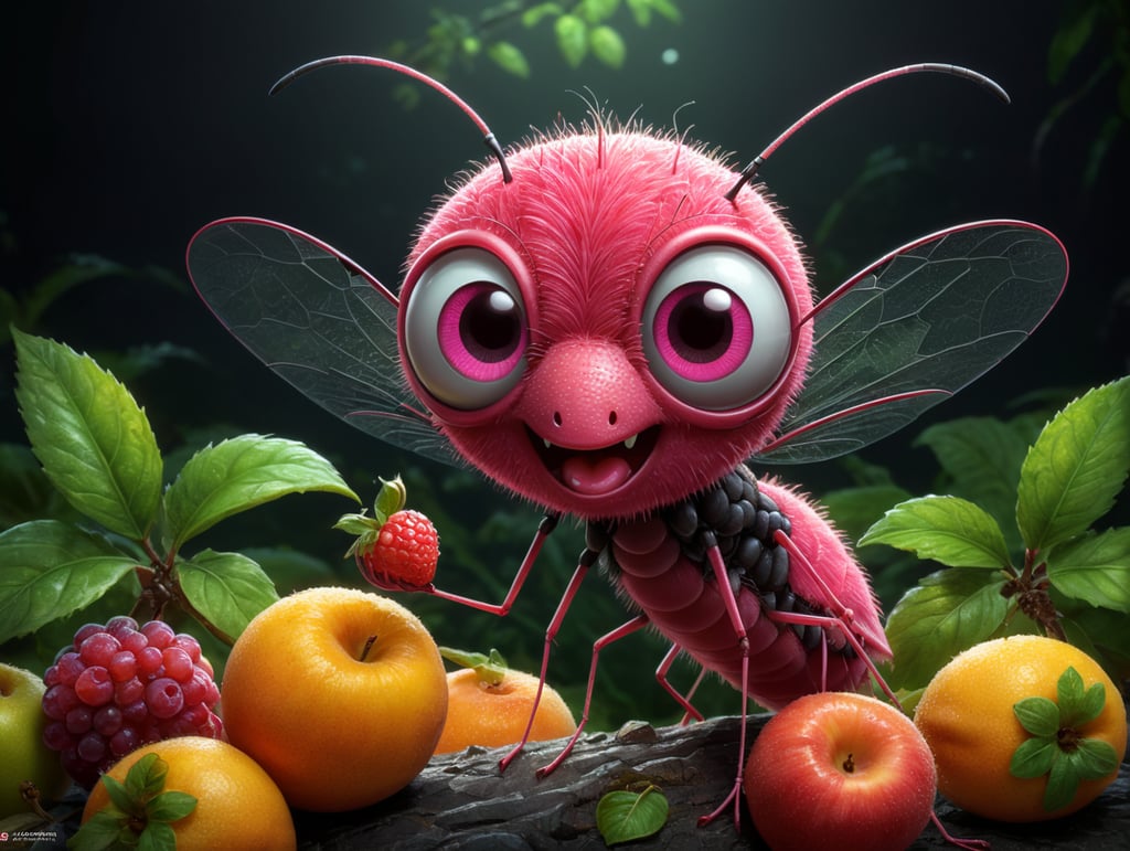 cartoon character, 2d, fruits, pink mosquito, cute, creative, kid style