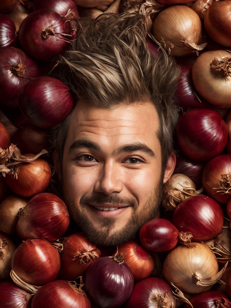 a man is surrounded by onions and onions in a pile of them, looking up at the camera man is smiling, a stock photo, conceptual art, photorealistic imagery