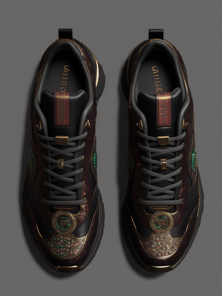 gemstone-embellished Gucci fashions with luminous lines and sequins. hyper realistic image of hi-tech sports puffy sneakers modern fashion, deep atmosphere, saturation, vibrance, sharp on details