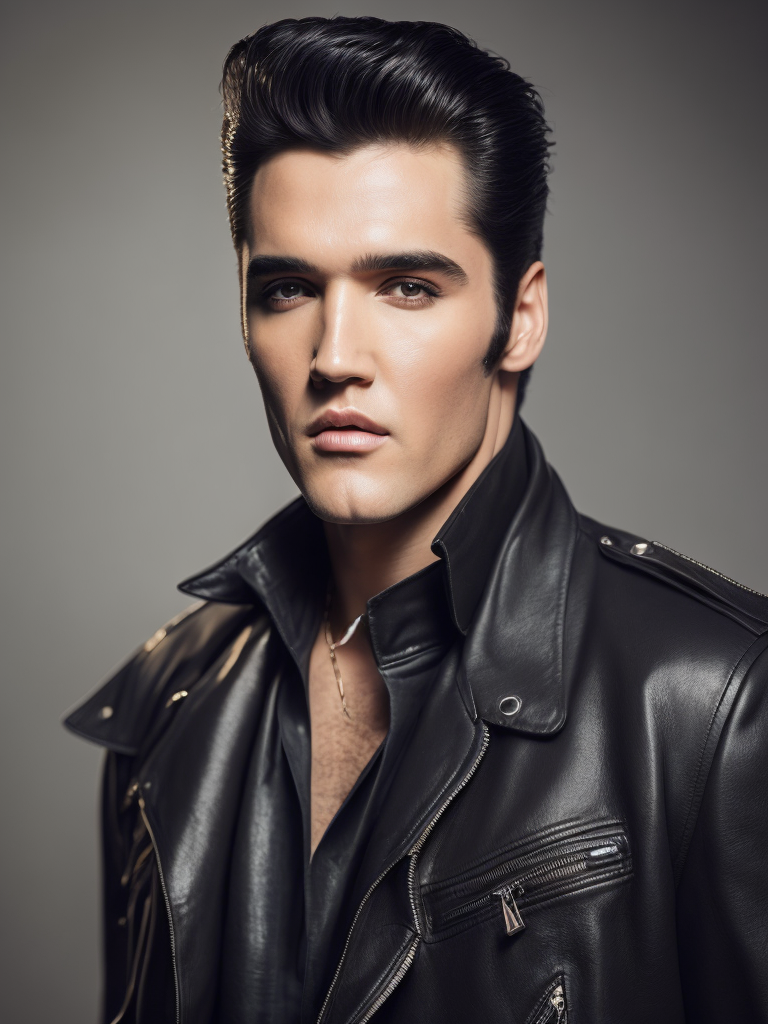 Portrait of Elvis Presley wearing a black leather jacket, studio photo, professional photo, Bright and rich colors, Detailed image, detailed face