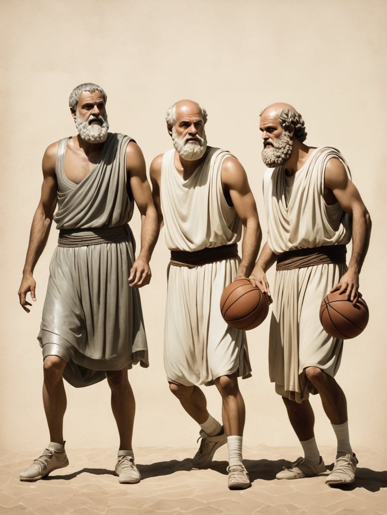 Plato, Aristotle, and Socrates playing basketball in togas