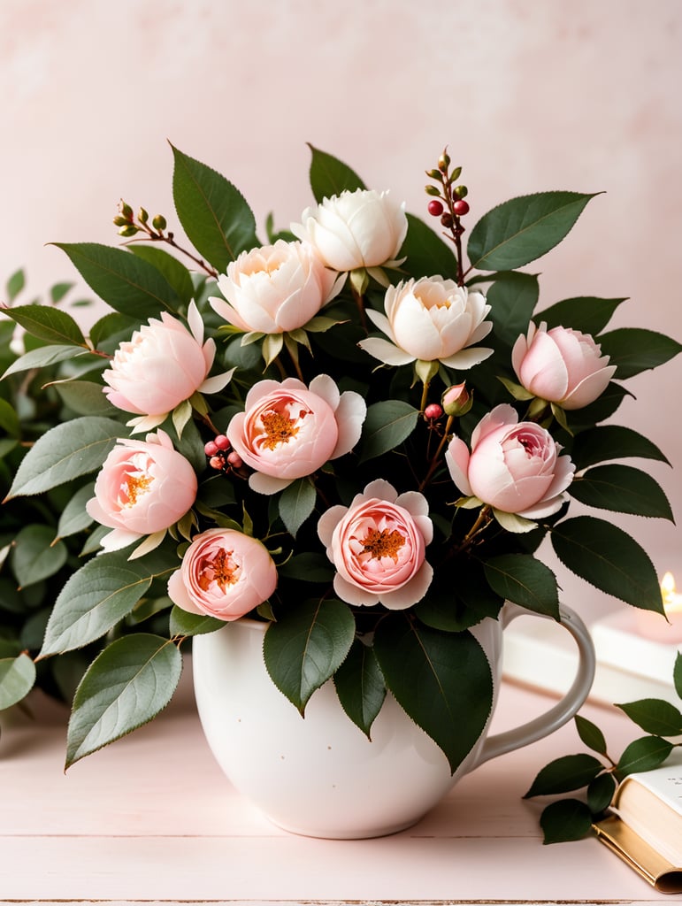 Soft pink roses, white Chinese peony, tiny apple blossom flowers, eucalyptus leaves, twigs of cranberries, twigs of copper pepper berries all arrangement into a cute beautiful flowers arrangement on a pink nickel mug. The mug is sitting on a thick white book with golden cover image design. Sunny, bright image. Ad copy, huge copy space on top of the image, negative space, hd, 8k, blurry dreamy background, beautiful pictures. Product