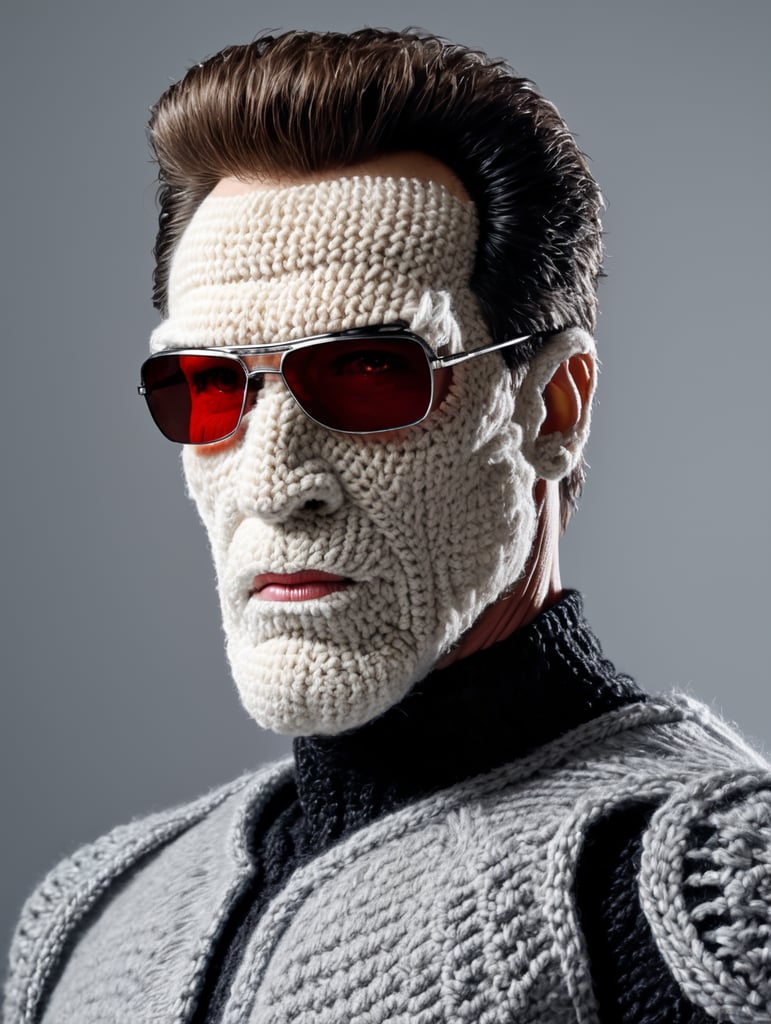 a terminator t-800 wearing very hirsute crocheted sweaters for sheeple, portrait