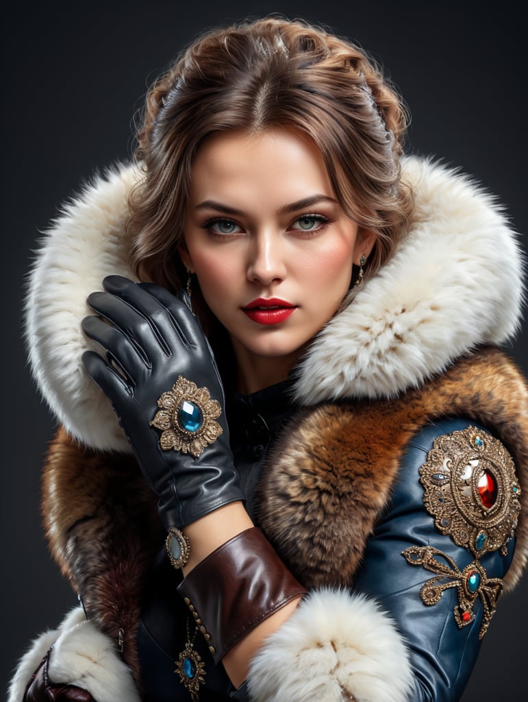 woman wearing fur gloves clip artwork, hand drawing style, white background, high quality